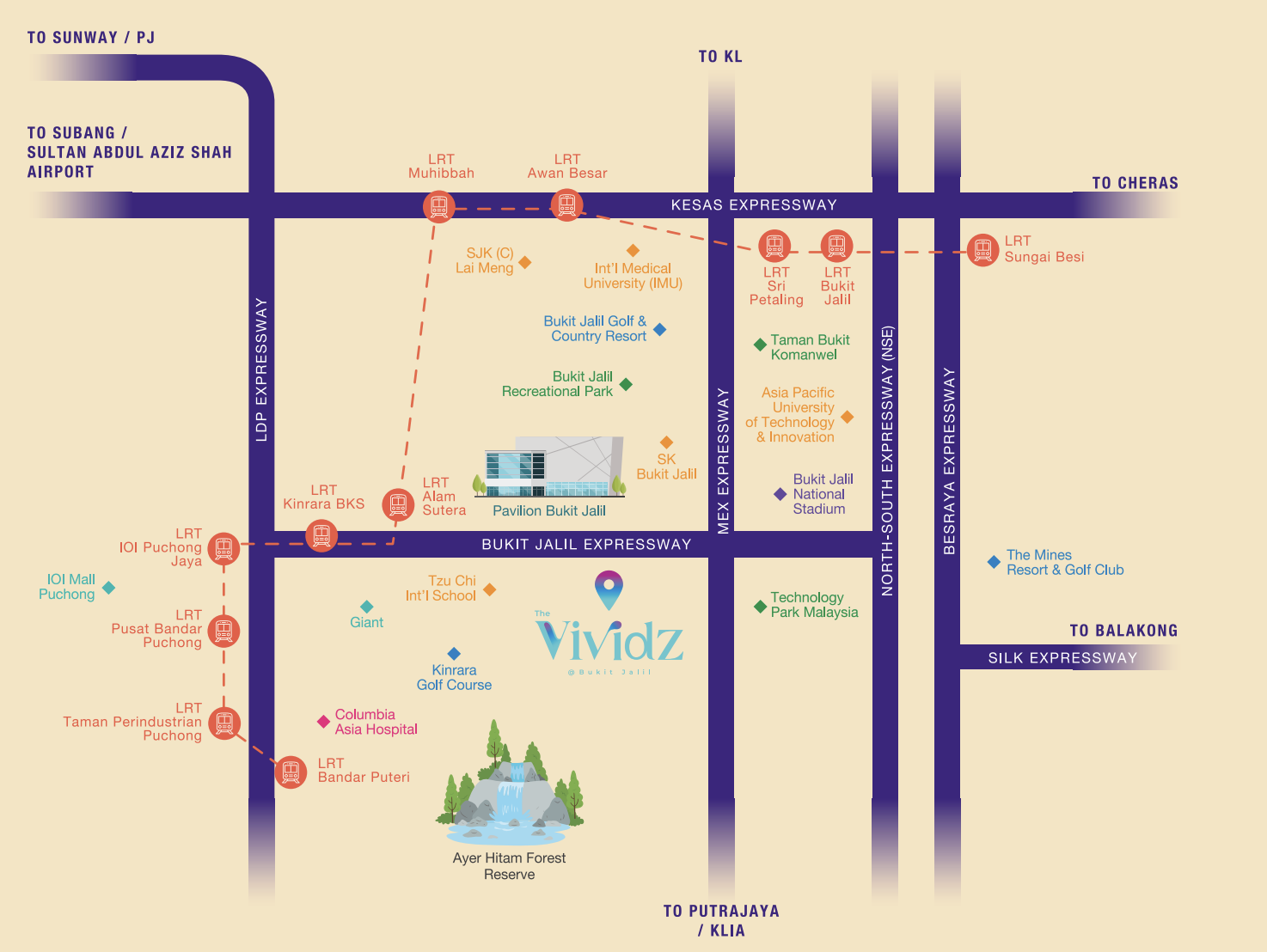 Location map — The Vividz @ Bukit Jalil, expressways, LRT stations and nearby landmarks